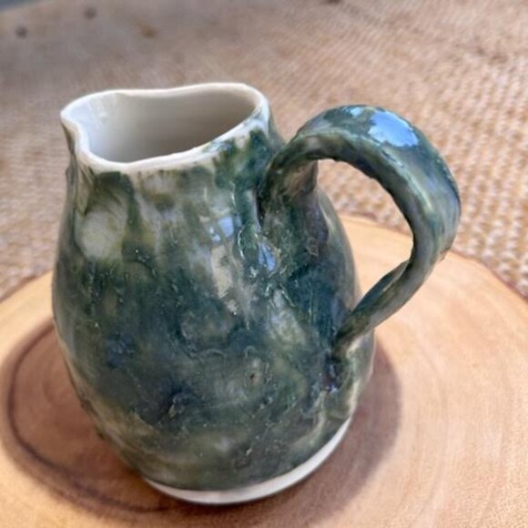 Signed Pottery Small Green Textured Pitcher Vase handmade - Picture 4 of 7